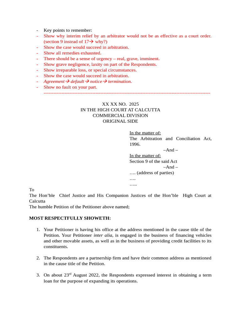 Section 9 Arbitration Interim Relief Petition | PDF | Arbitration ...