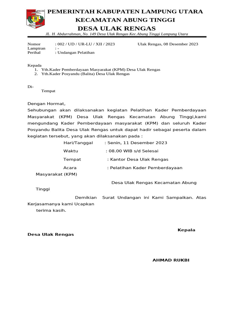 Undangan Pelatihan Kader Desa Ulak Rengas | PDF