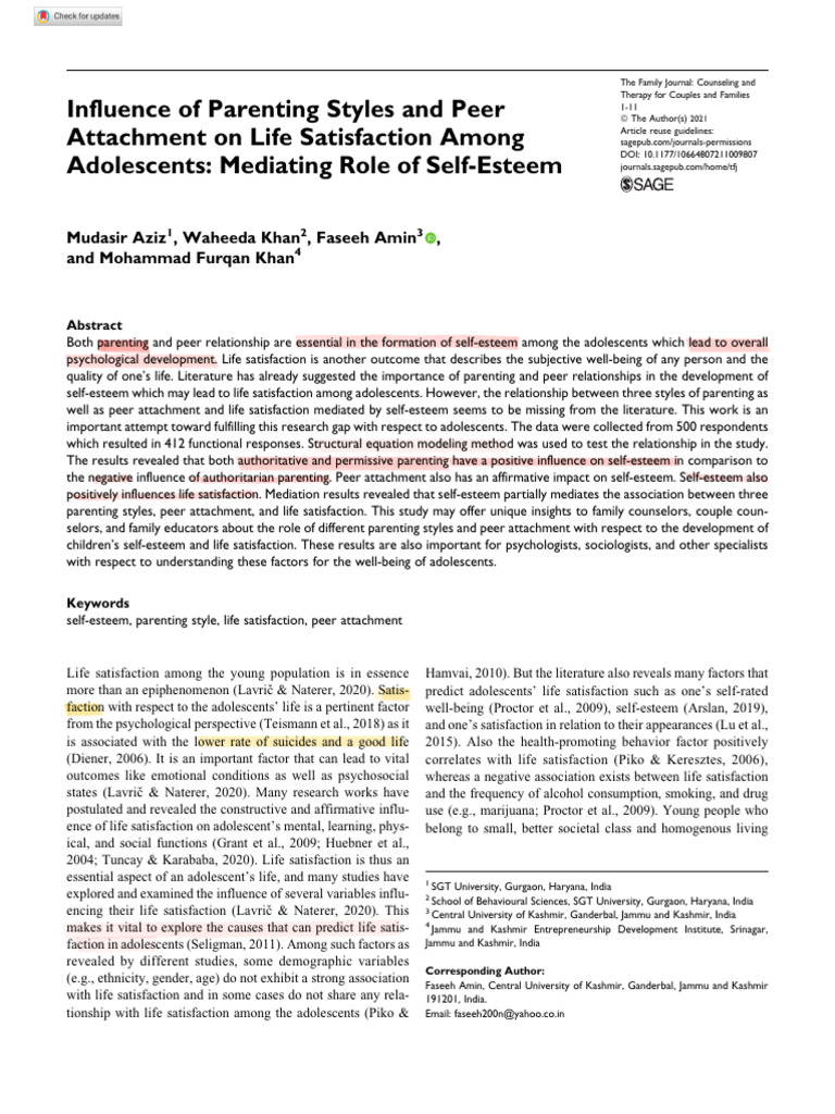 Parenting Styles and Adolescent Life Satisfaction | PDF | Parenting ...