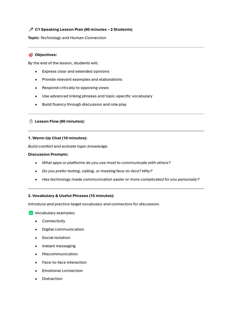 C1 Lesson Plan: Tech & Communication | PDF | Communication | Fluency