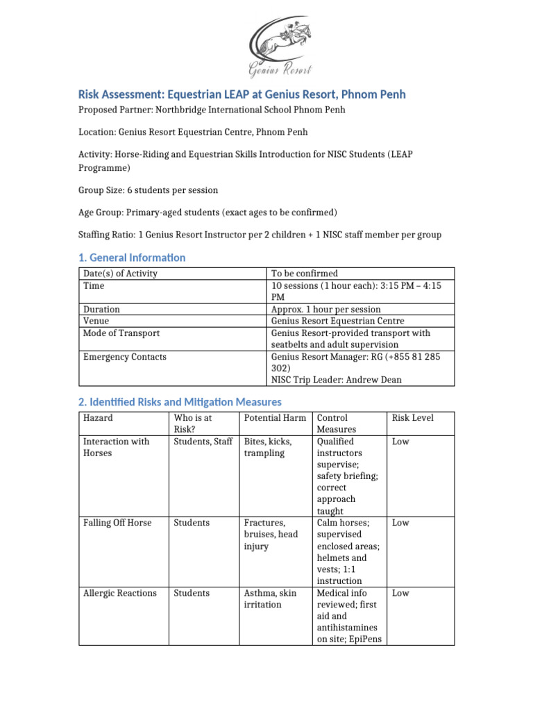 Risk Assessment Equestrian LEAP Genius Resort | PDF | Equestrianism ...