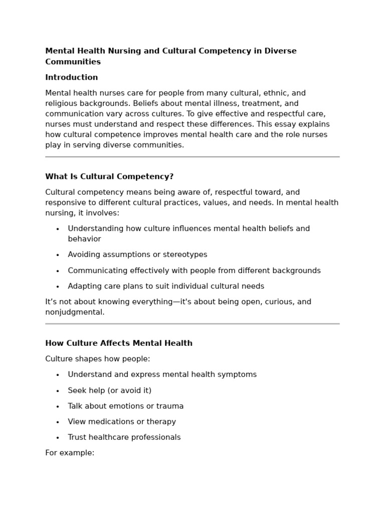 Cultural Competence in Mental Health Nursing | PDF | Mental Health ...