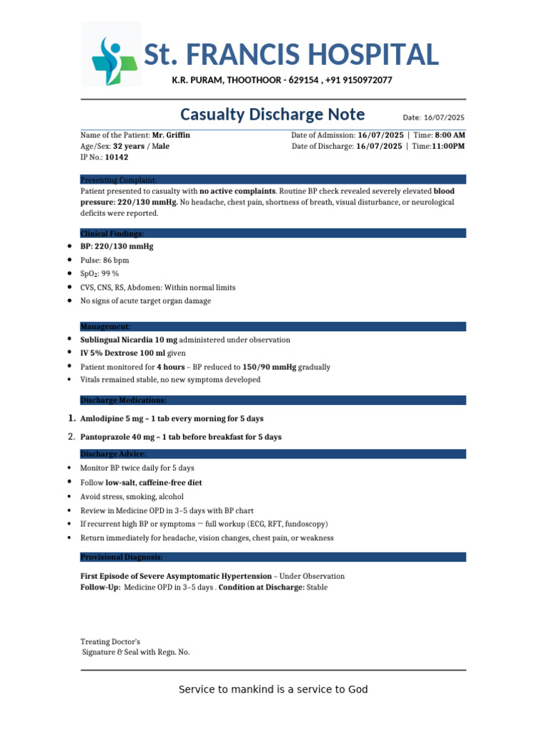 Discharge Note: Severe Hypertension Management | PDF