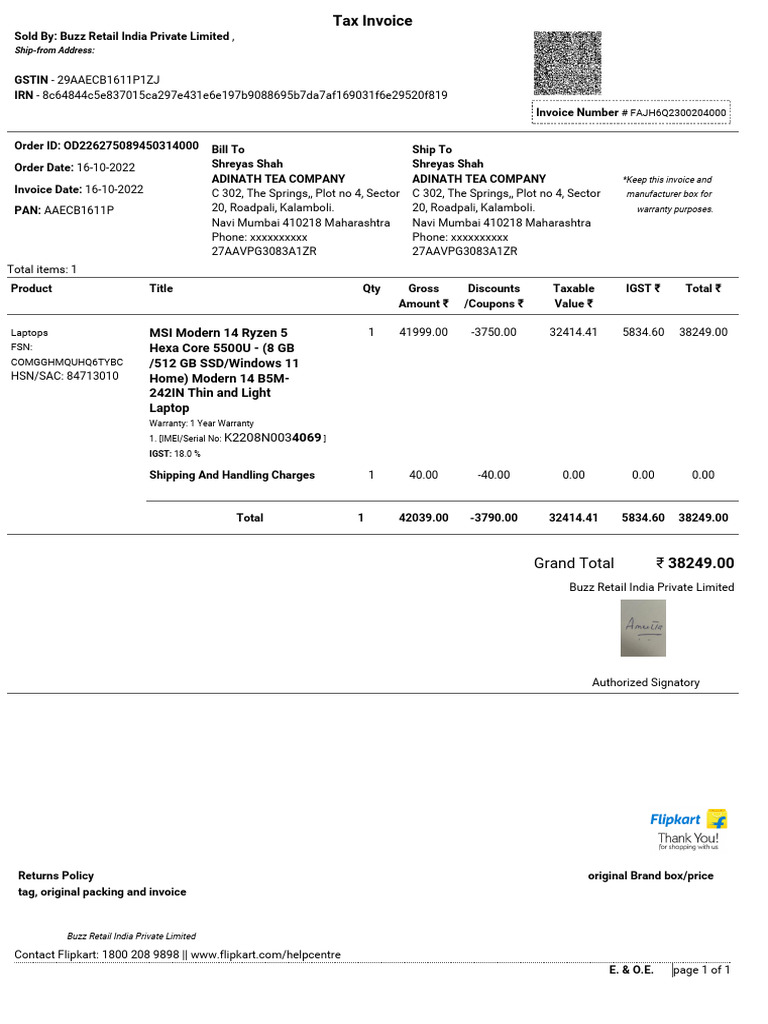 MSI Modern 14 Invoice Details | PDF