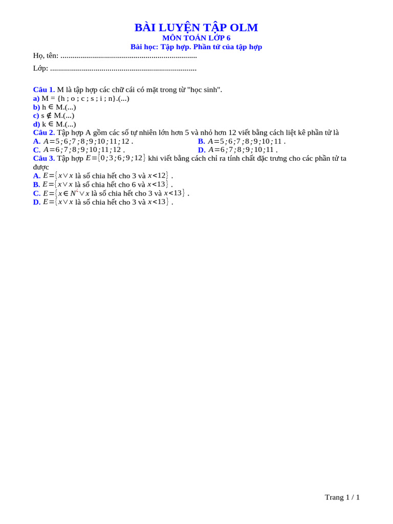 Tap Hop Phan Tu Cua Tap Hop | PDF