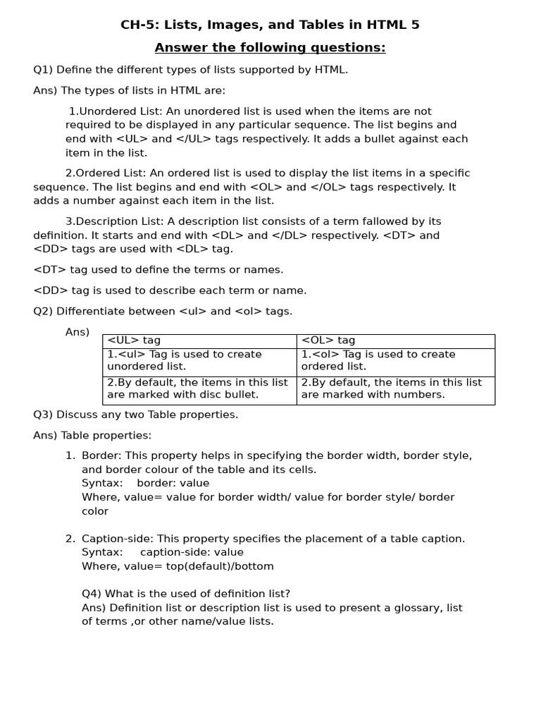 HTML List Types and Differences | PDF