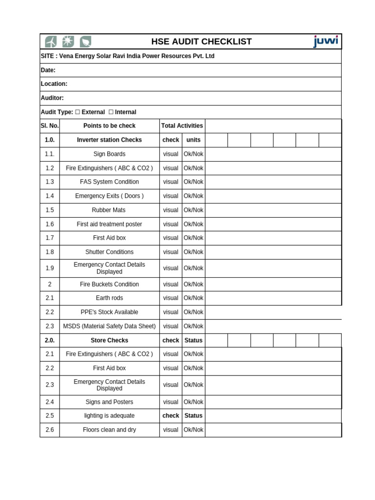 HSE Audit Checklist for Solar Power Site | PDF