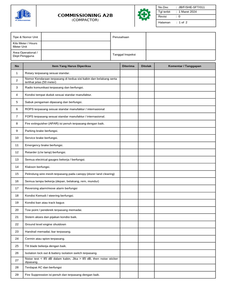 Prosedur Commissioning Kompaktor A2B | PDF