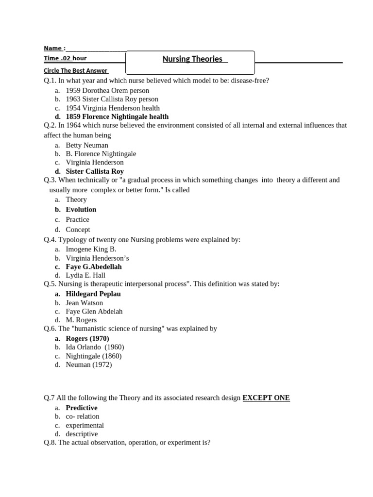 Nursing Theories Quiz Questions | PDF | Nursing | Psychology