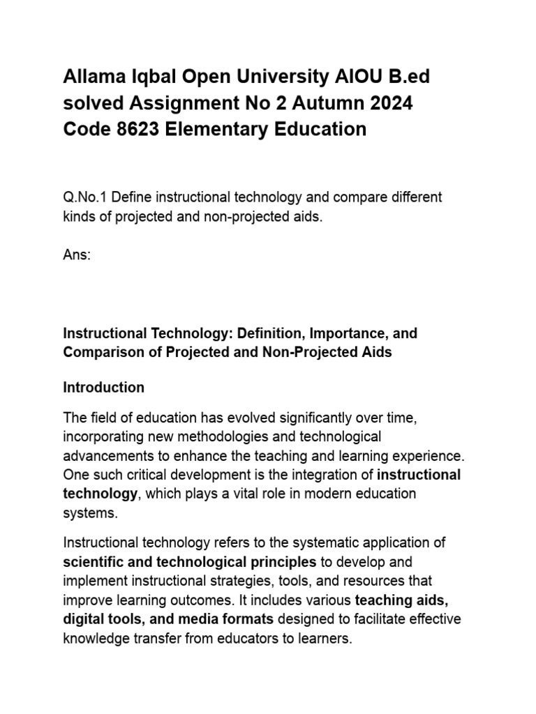 AIOU B.Ed Solved Assignment: Instructional Tech | PDF | Classroom ...