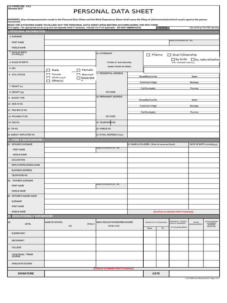 Personal Data Sheet (PDS) Guide | PDF | Government | Justice
