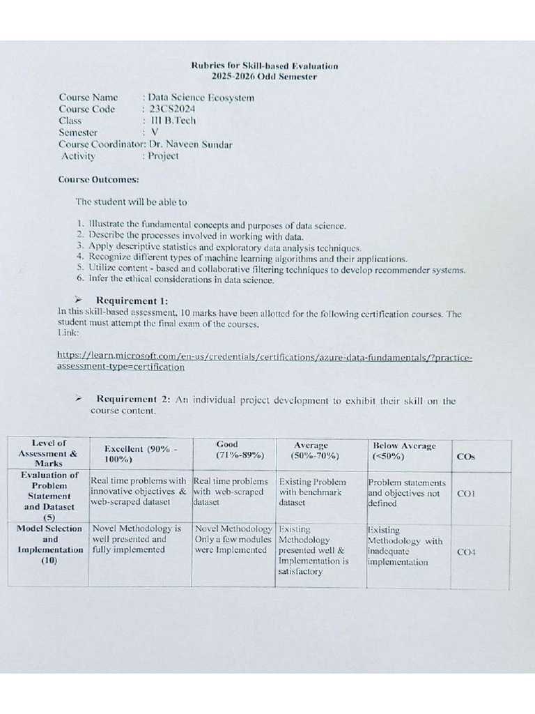 Data Science Course Rubrics | PDF