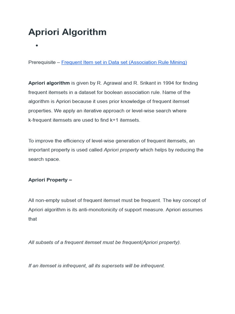 Apriori Algorithm Overview and Properties | PDF | Algorithms | Computer ...