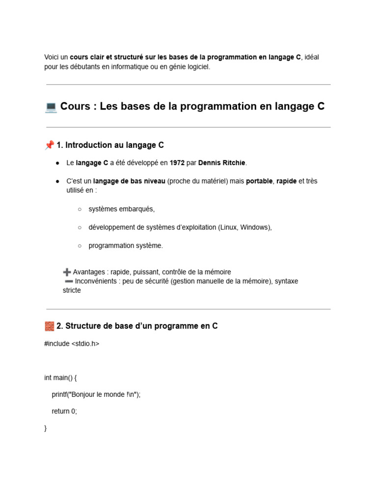 Introduction à la programmation en C | PDF | C (Langage de ...