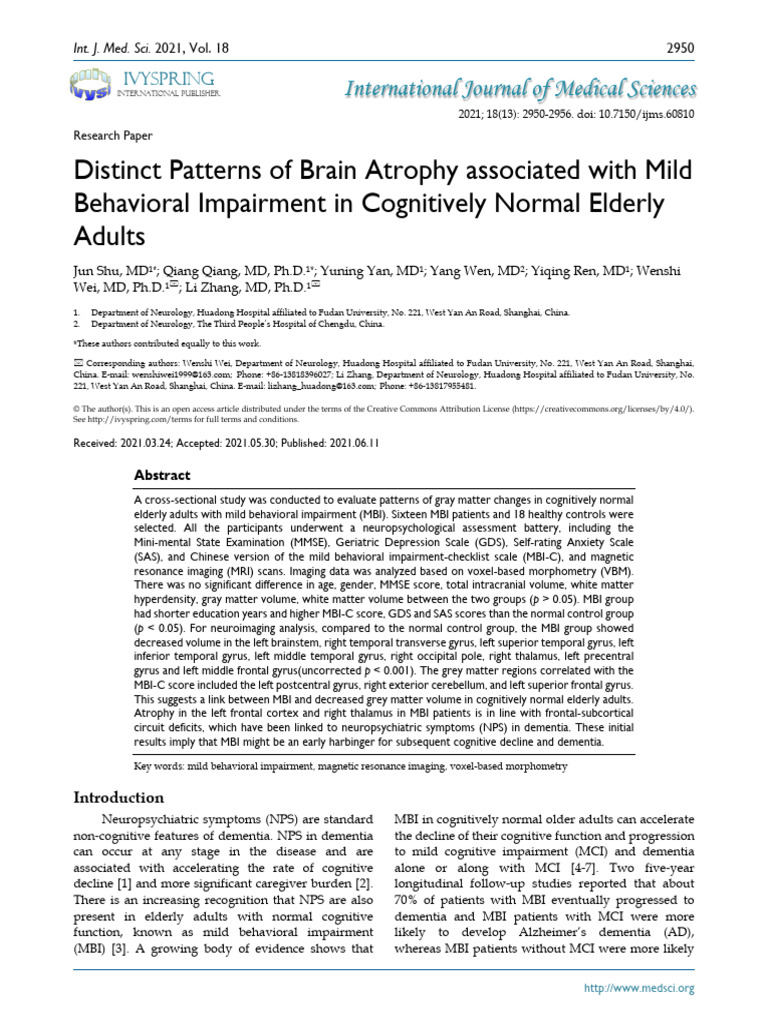 Brain Atrophy in Mild Behavioral Impairment | PDF | Dementia | Mental ...