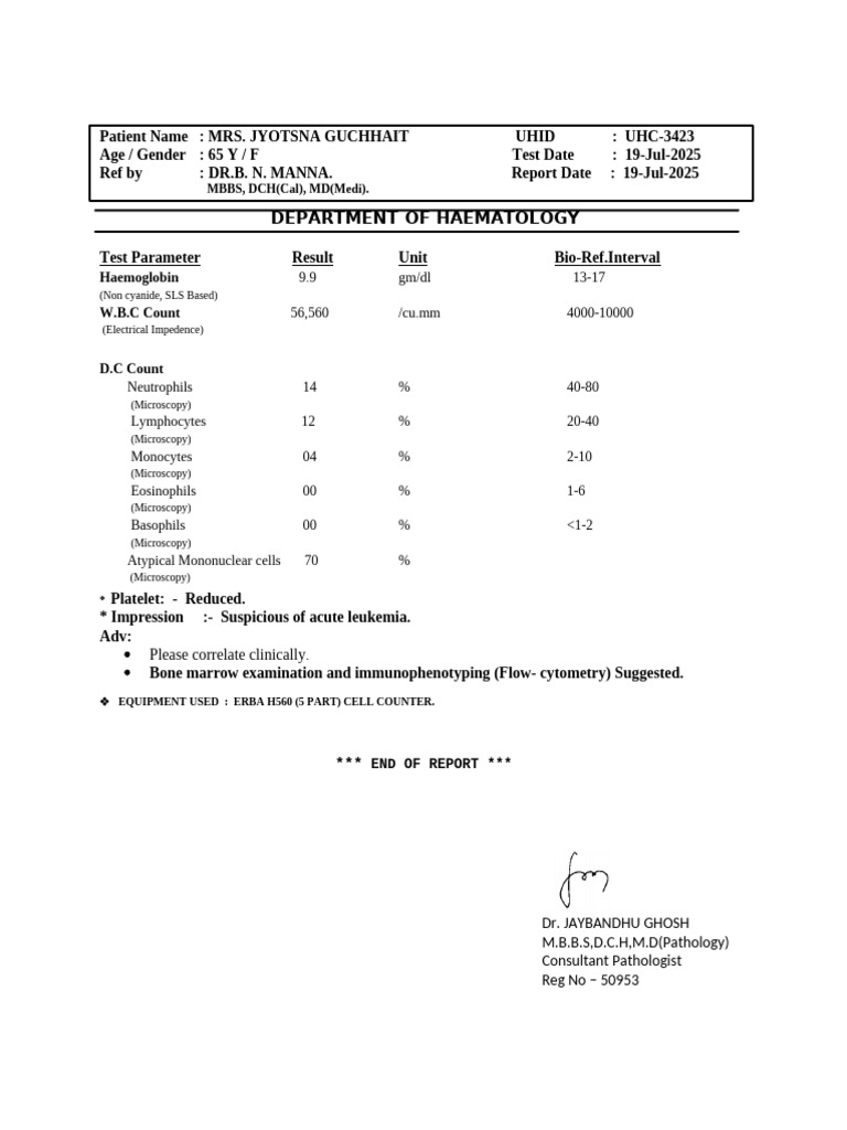 Acute Leukemia Test Report for Patient | PDF