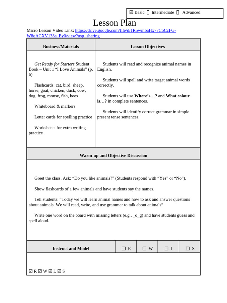 Animal Names Lesson Plan | PDF | Learning | Human Communication