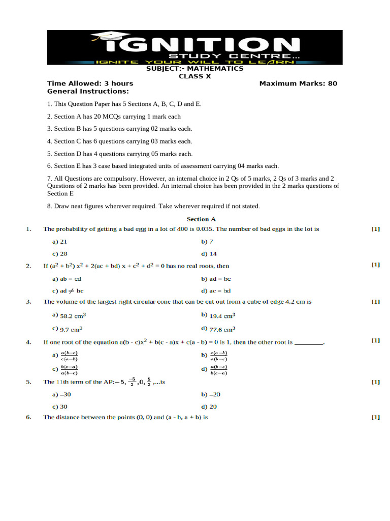 Class X Mathematics Exam Paper | PDF