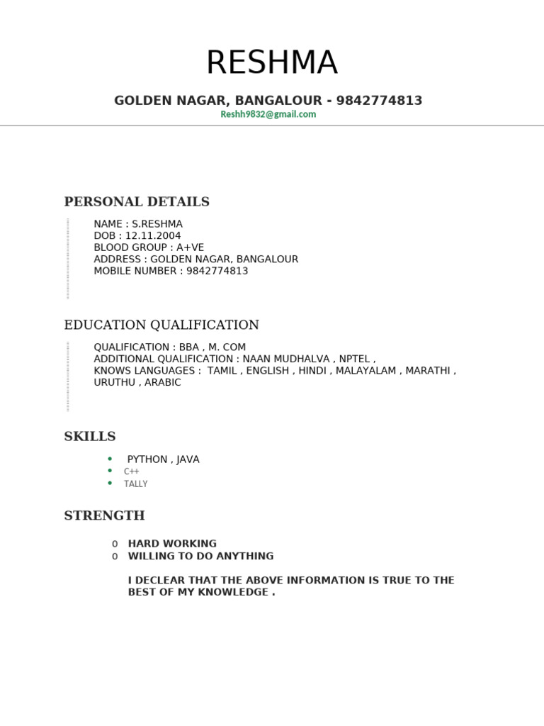 Reshma's Personal and Educational Profile | PDF