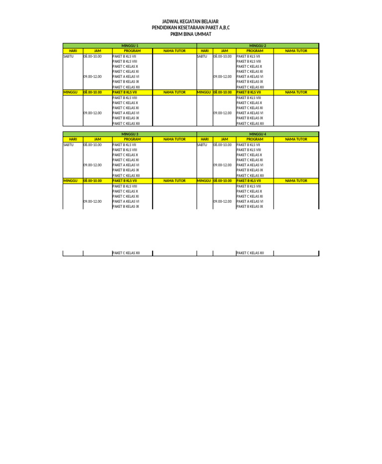 Jadwal Belajar Paket A, B, C PKBM | PDF