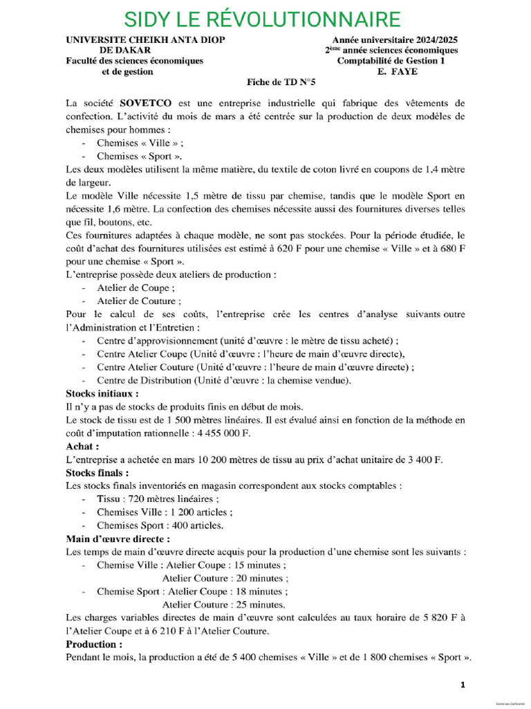 Aw Réveil Fiche TD N°5 COMPTA GEST°1 SEM | PDF