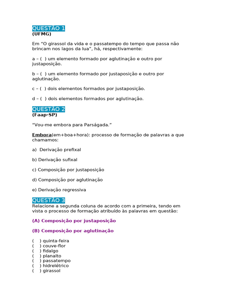 Formação de Palavras: Justaposição e Aglutinação | PDF