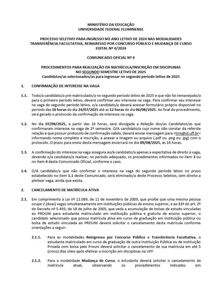 Matrícula e Inscrição UFF 2025: Procedimentos | PDF