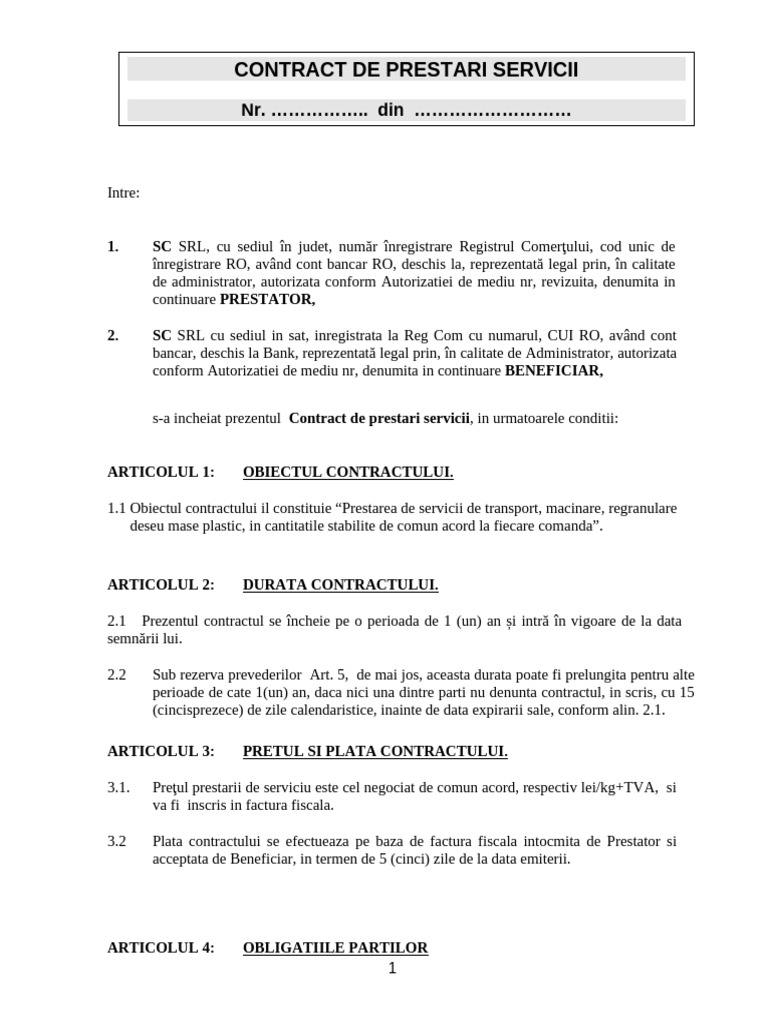 Draft CONTRACT PRESTARI SERVICII | PDF