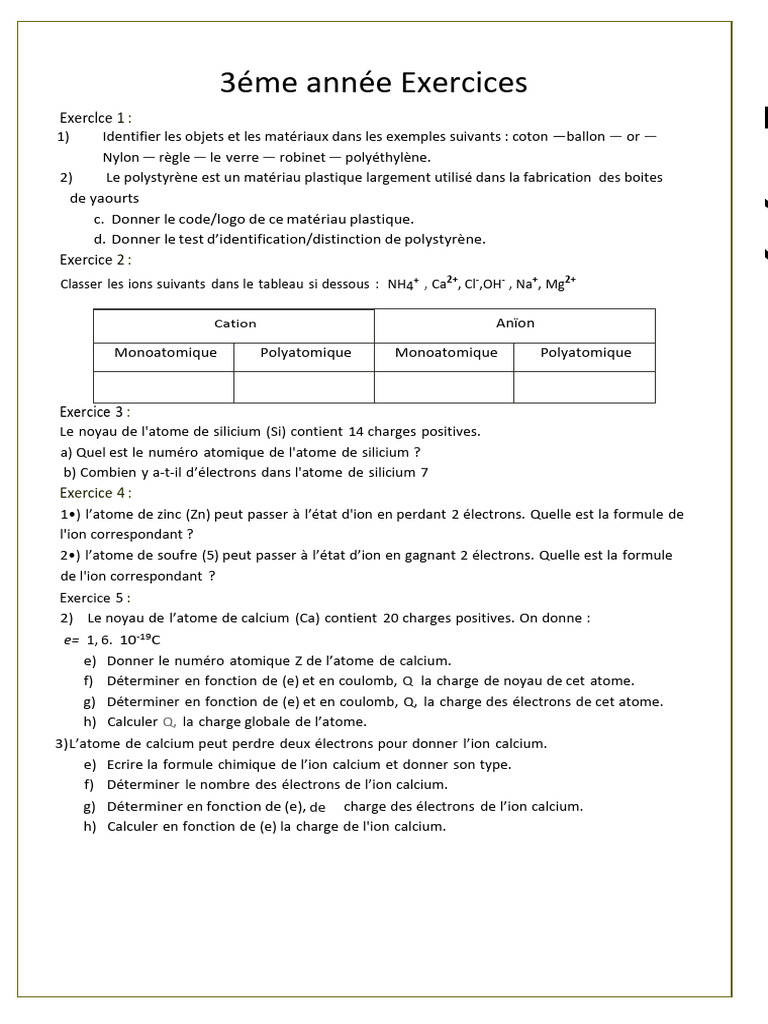 Exercices sur les atomes et ions | PDF
