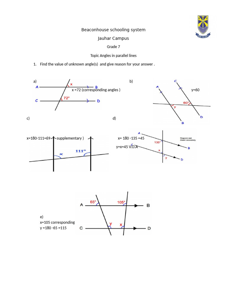 Angles in Parallel Line 27th Nov Answers | PDF