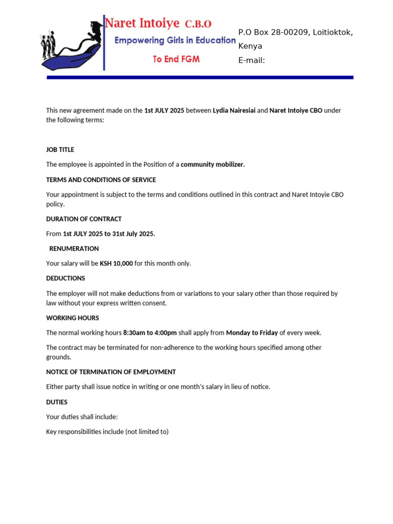 Community Mobilizer Contract Agreement | PDF | Employment | Employee ...