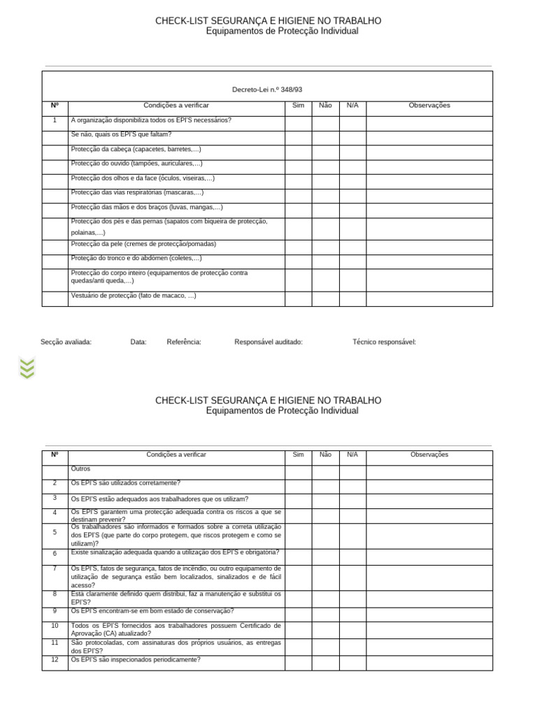 Check-list de EPI para Segurança no Trabalho | PDF