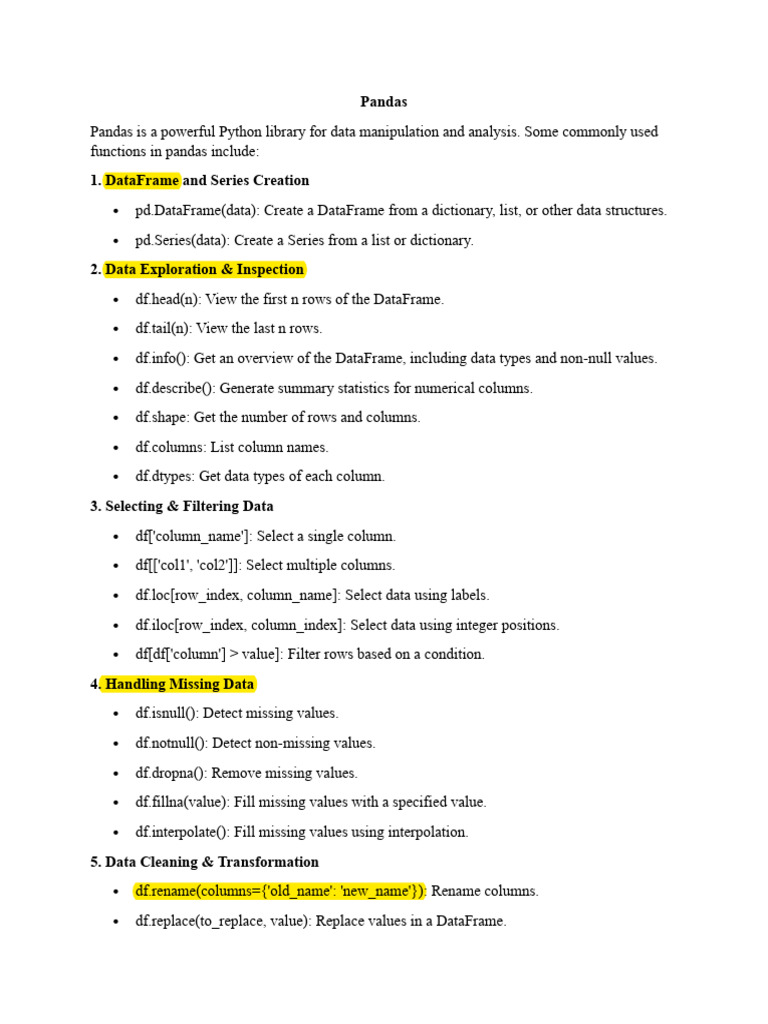 Essential Pandas Functions Guide | PDF | Data | Computing