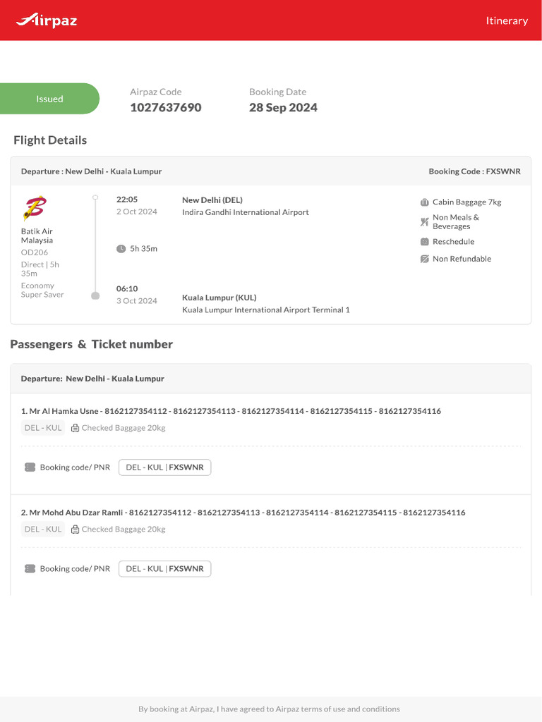 Airpaz Flight Itinerary 1027637690 en | PDF