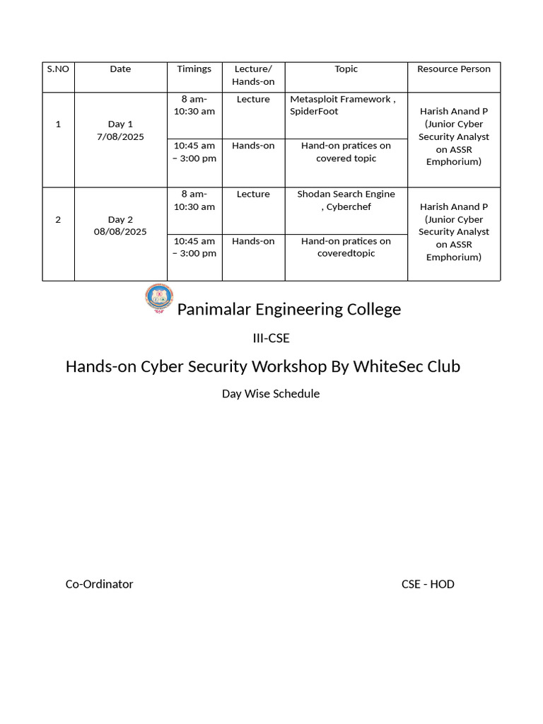 Cyber Security Workshop Schedule | PDF
