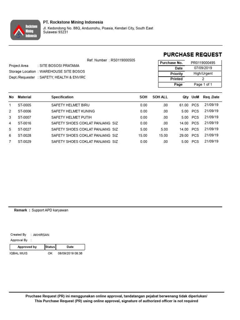 Safety Equipment Purchase Request PR0119000495 | PDF