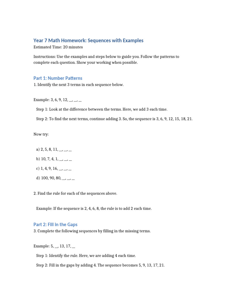 Grade 7 Arithmetic Sequences Homework | PDF