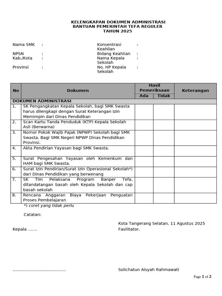 Dokumen Administrasi Bantuan TEFA 2025 | PDF