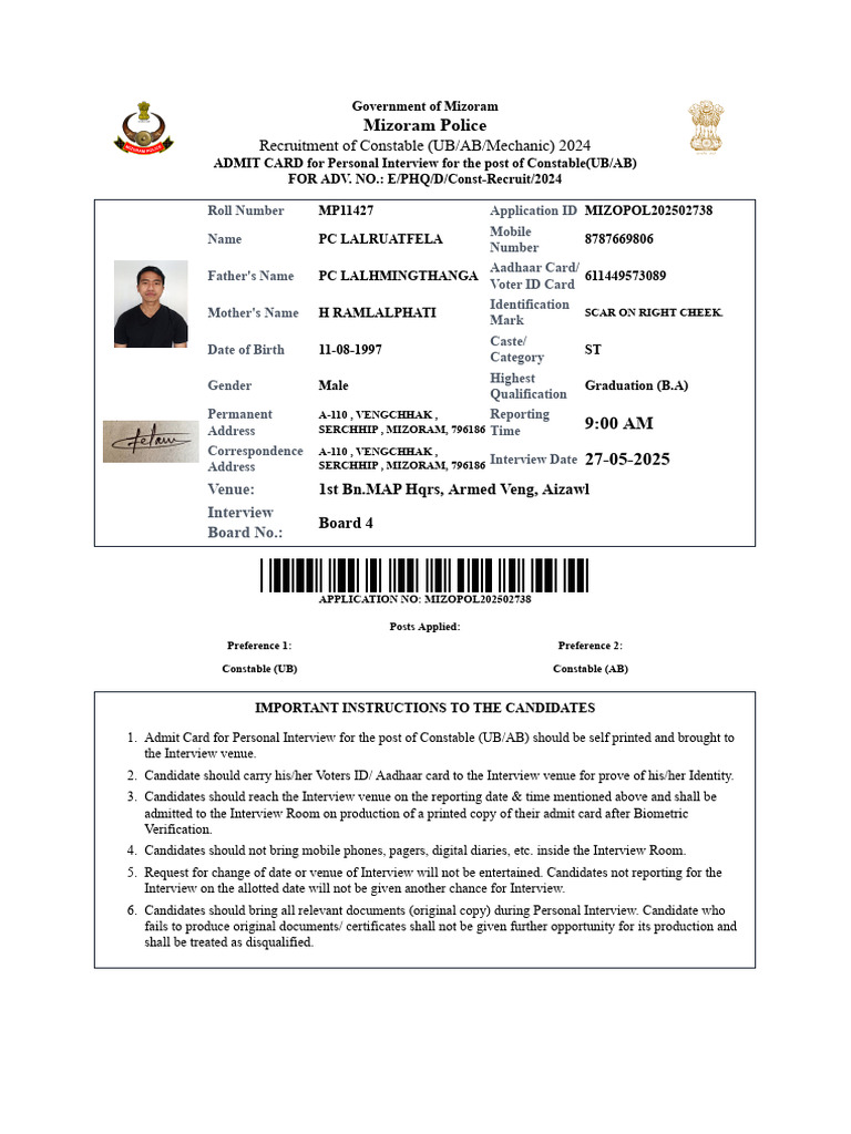 Mizoram Police Constable Interview Admit Card | PDF | Identity Document ...