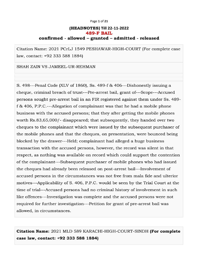 489-f Bail Allowed (Headnotes Only) Till 22-11-22 - 1 | PDF