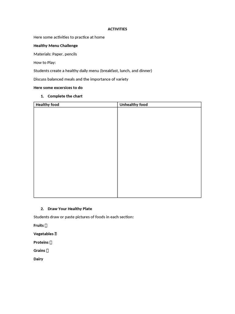 Home Activities for Healthy Eating | PDF