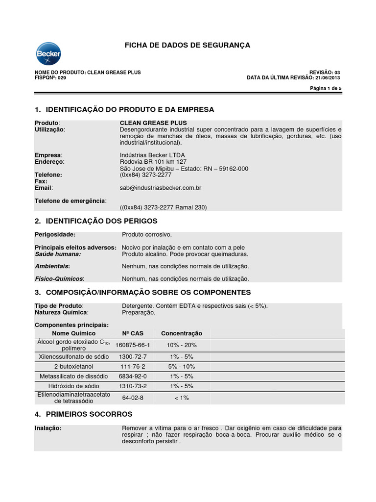 Ficha de Segurança Clean Grease Plus | PDF