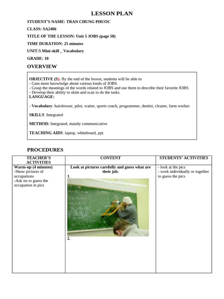 Lesson Plan: Vocabulary on Jobs | PDF
