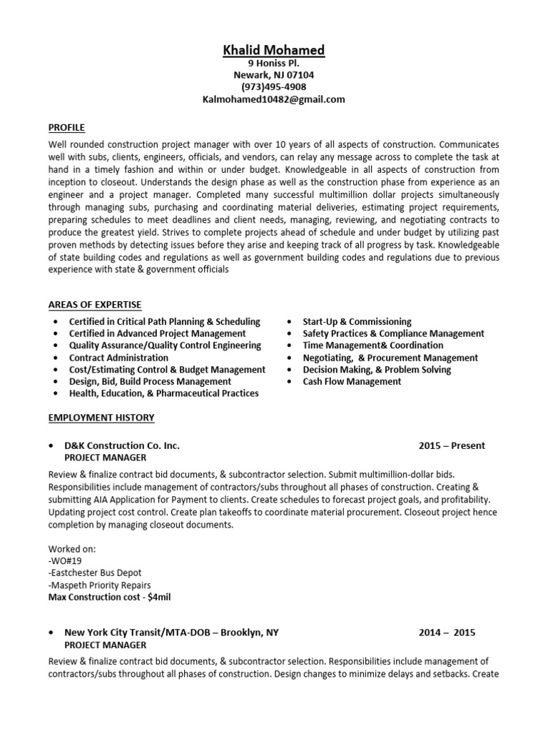 Construction Project Manager Profile | PDF | Business