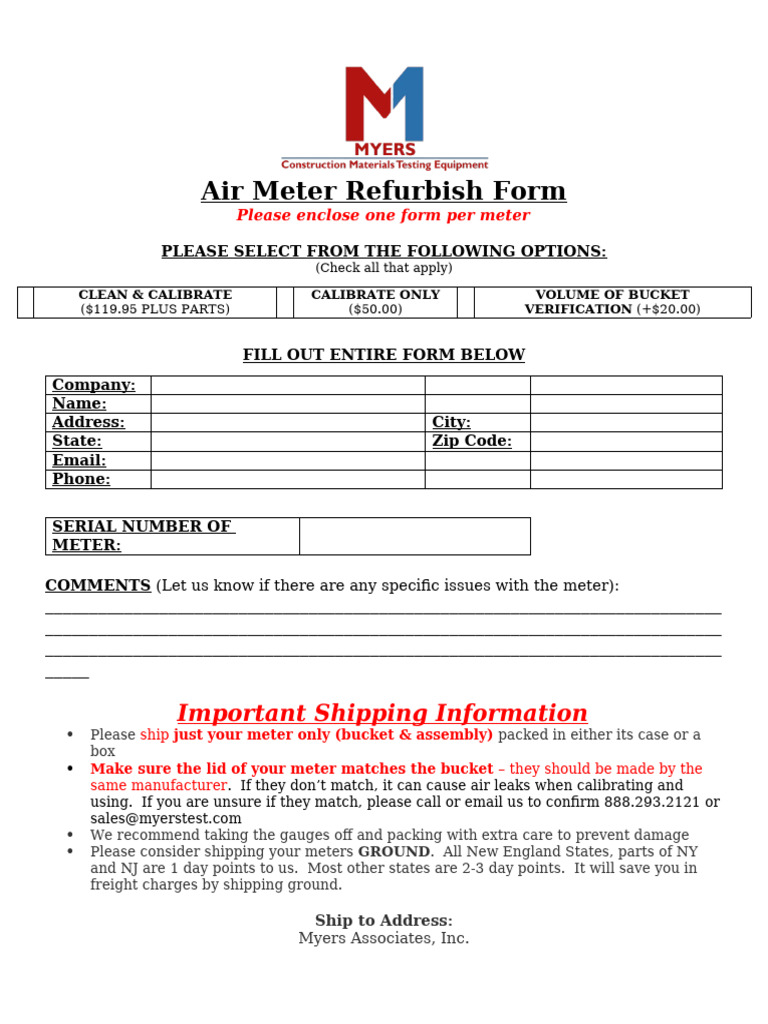 2021 Air Meter Refurb Form | PDF
