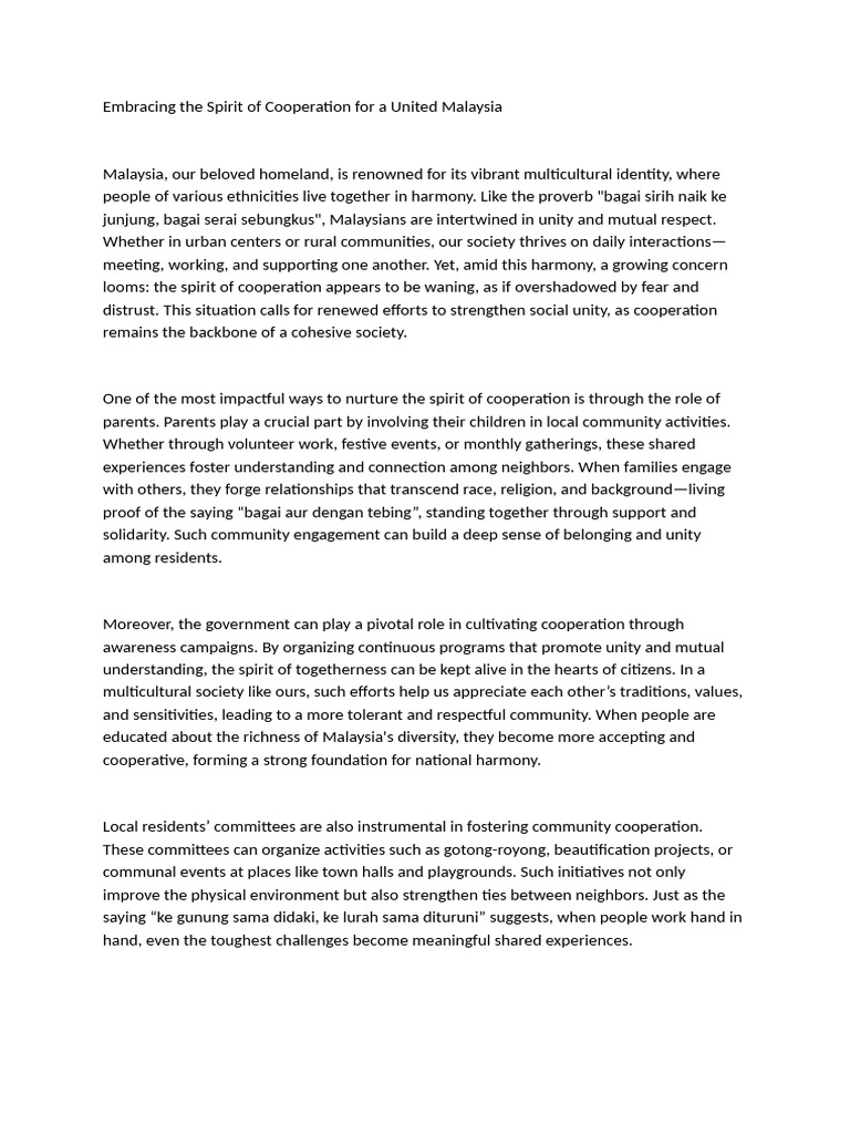 Embracing The Spirit of Cooperation For A United Malaysia | PDF ...
