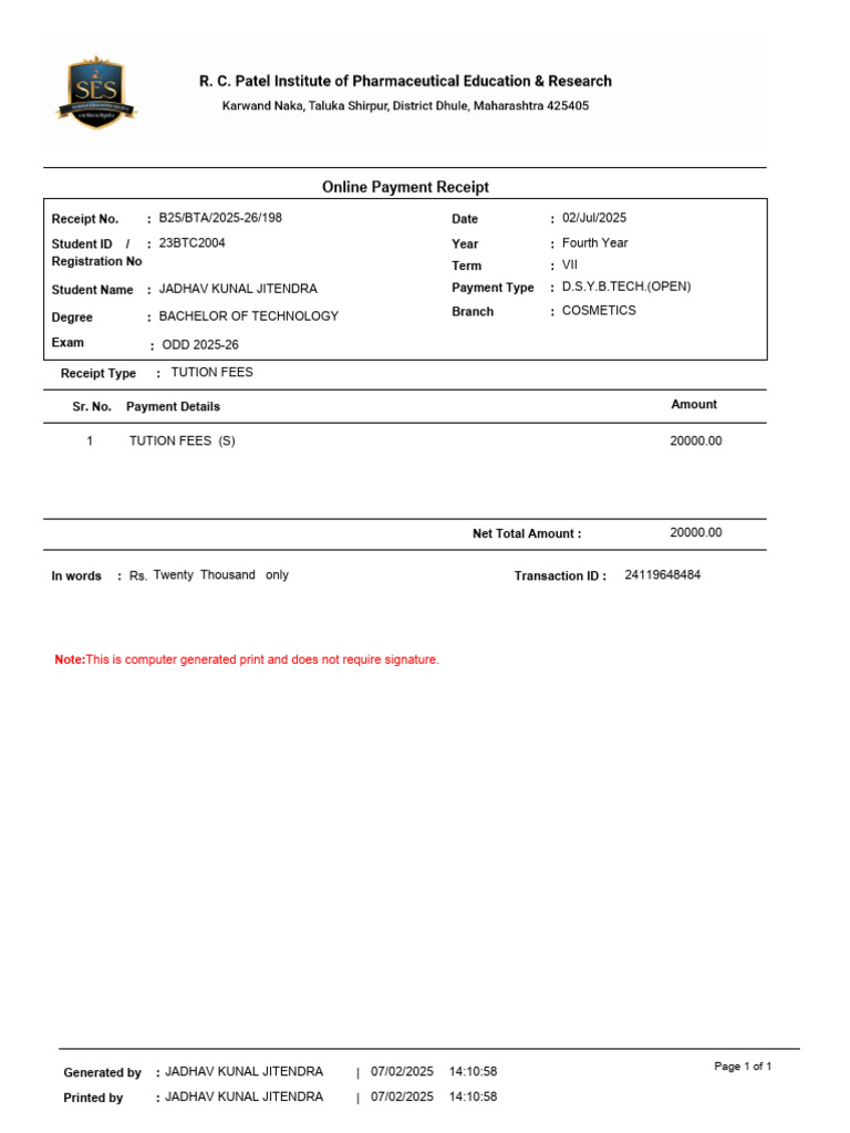 7th Sem Half Fees | PDF