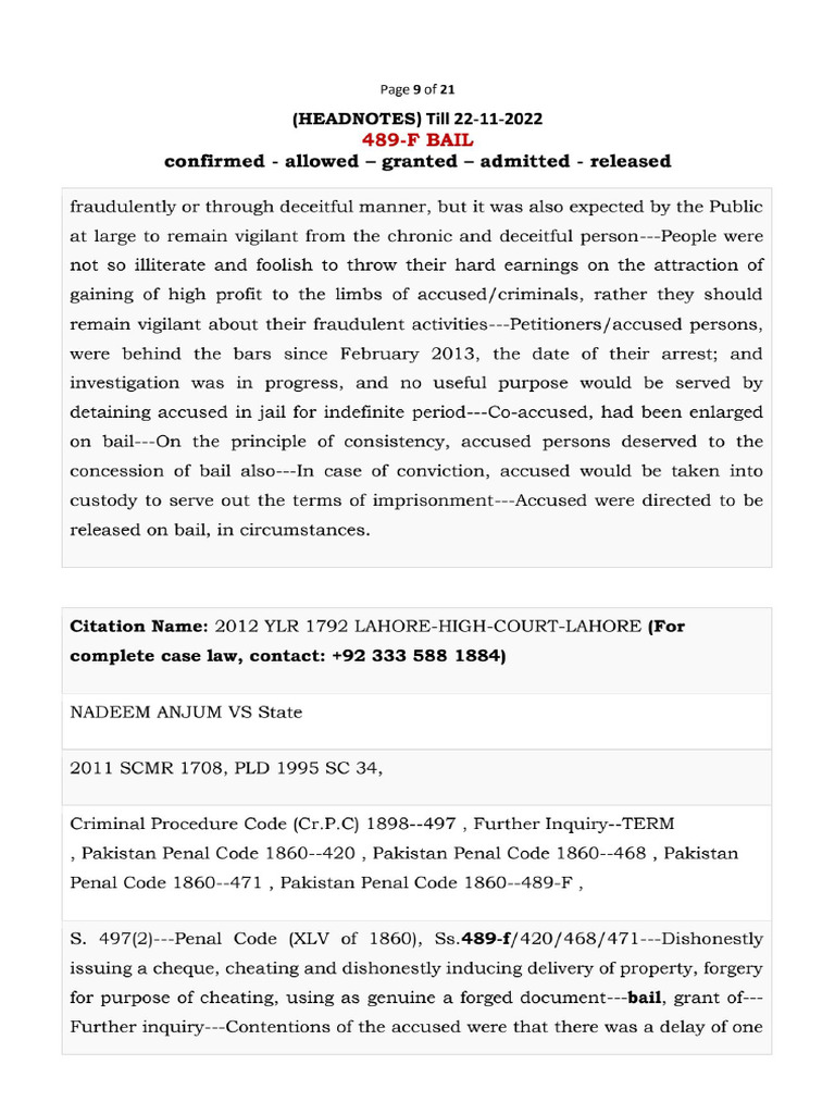 489-f Bail Allowed (Headnotes Only) Till 22-11-22 - 9 | PDF
