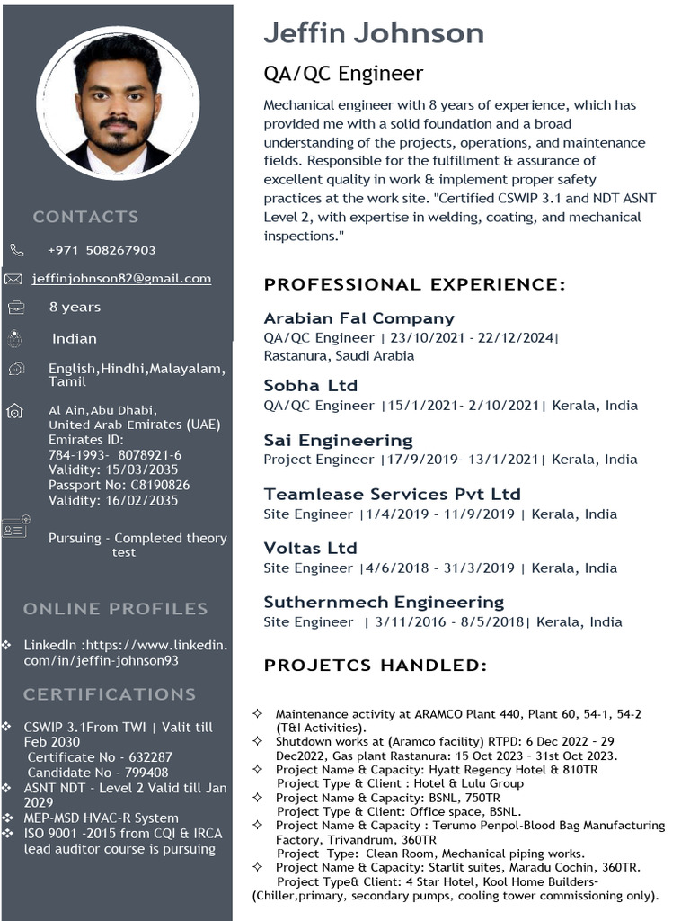 Jeffin Johnson: QA/QC Engineer Profile | PDF | United Arab Emirates ...