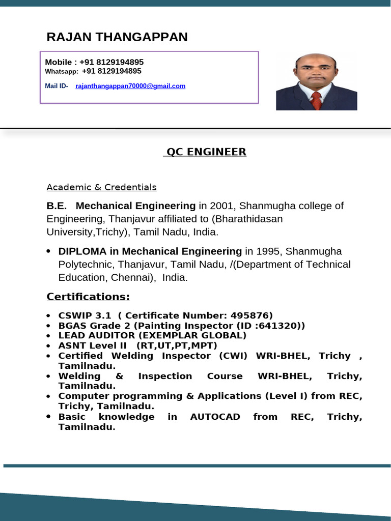 QC Engineer Resume of Rajan Thangappan | PDF | Pipe (Fluid Conveyance ...